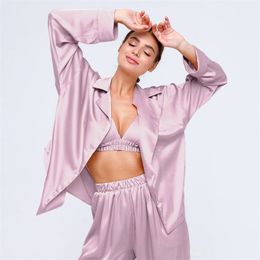 HECHAN Solid Loose Female Pajamas Satin Turndown Collar Long Sleeve Pocket 2 Piece Set Pants Homewear Silk Women Sleepwear Suits 210320