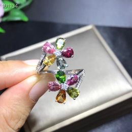 Natural tourmaline flower ring, 925 silver, Colourful colors, good quality, individual style