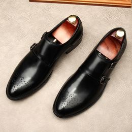 Slip On Men Dress Shoes Monk Strap Business Wedding Shoe Genuine Leather Round Head Formal Shoe Black Coffee Oxford Shoe Lofers