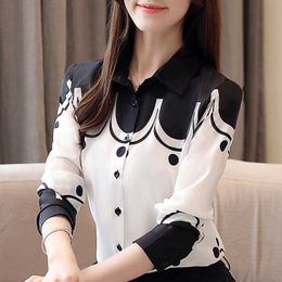 Blusas Mujer De Moda Turn Down Collar Office Ladies Tops Black White Chiffon Blouse Long Sleeve Women Shirts Blusas B770 210602