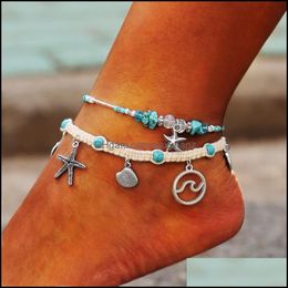 Anklets Jewellery Cross-Border Explosive Handmade Woven Matte Rope Foot Chain Wave Shell Starfish Crystal Mti-Layer Set Drop Delivery 2021 Xyt