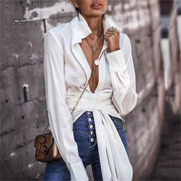 TITAME Classic White Shirt Women Long Sleeve Blouse Lace Up Knot Office Ladies Blouse Spring Autumn Sex Female Tunic Top 210317