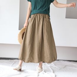 Johnature Casual Summer Skirts Solid A-line Button Mid-calf Natural Loose Cotton Pockets Women Clothes Women Skirt 210521