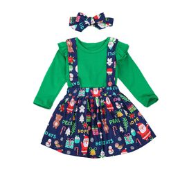6M-4Y Christmas Infant Toddler Kid Baby Girls Clothes Set Ruffles Long Sleeve Top Cartoon Santa Skirts Overalls Outfits 210515