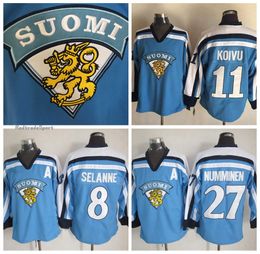 Mi08 Mens Vintage 11 SAKU KOIVU 1998 Team Finland Hockey Jerseys 27 TEPPO NUMMINEN 8 TEEMU SELANNE Light Blue Jersey M-XXXL