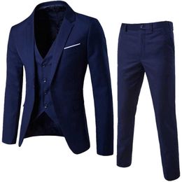 (Jacket+Pant+Vest) Luxury Men Wedding Suit Male Blazers Slim Fit Suits For Men Costume Business Formal Party Blue Classic Black X0608