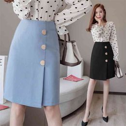 Fashion Women's Skirts Spring and Autumn Hong Kong Style Retro Button High Waist Split A-line Skirt 210520