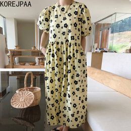 Korejpaa Women Dress Summer Korean Chic Lazy Style Full Screen Small Flower Round Neck Loose Casual Puff Sleeve Vestidos 210526