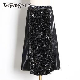 Black PU Patchwork Ruffle Women's Skirts High Waist A Line Skirt Female Autumn Fashion Clothing 210521
