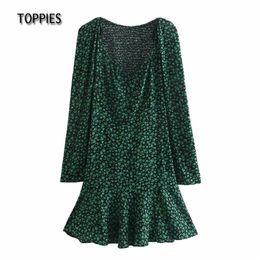 Green Flowers Printing Slim Mini Dresses Sexy Deep V-neck Dress Spring Summer Clothes Long Sleeve 210421