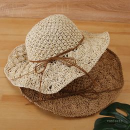 Party Hats Summer Sun Protection Foldable Beach Hat Women's Hollow Breathable Wide Brim caps Bow Straw cap 4 Colours T500900