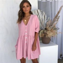 Summer Women Dress Short Sleeve Boho V-neck Spring Sexy Bohemian Dress Pocket Button Beach Dress Vestidos De Mujer Casual 201025