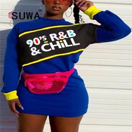 Trendy Chic Colourful Letter Printed Pullover Sweat Retro Top Fall Winter Clothes Long Sleeve Mini Sexy Woman Dress Clubwear 210525