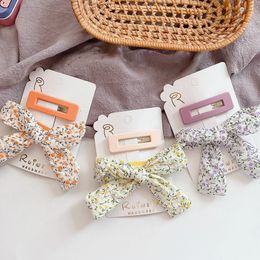 2 Pcs New Fashion Children's Square Hollow BB Clip Sweet Girl Fresh Simple Floral Fabric Bow Duckbill Clip Hair Accessories