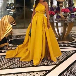 Elegant one shoulder evening dress long side slit V-neck long sleeve formal Yellow A Line Robe De Soiree Prom dress