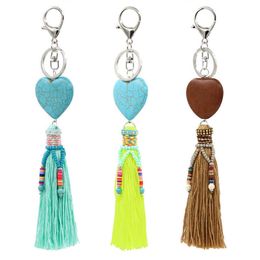 Boho Key Chain Accessories Love Heart Stone Tassel Pendant Key Chain Ring Women Bag Hnaging Jewelry Car Keychain G1019