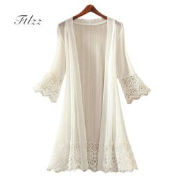 Women Patchwork Lace Jacket Summer Fashion Causal 3/4 Sleeved Transparent Long Jackets Ladies Slim Cardigan Coats 210525