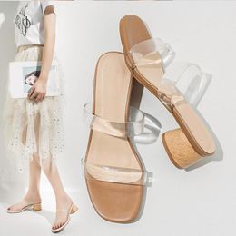 Thick Square Low Heels Shoes Woman PVC Clear Strappy Sandals Ladies Flip Flops Women Transparent Slippers Fashion Mules Slides