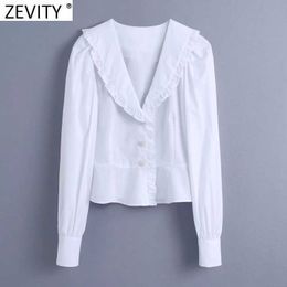 Zevity Women Sweet Agaric Lace White Smock Blouse Office Ladies Puff Sleeve Diamond Buttons Shirts Chic Blusas Tops LS7709 210603