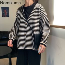 Nomikuma Contrast Colour Striped Cardigan Women V Neck Long Sleeve Casual Loose Thin Sweater Korean Fashion Vintage Tops 3c059 210514