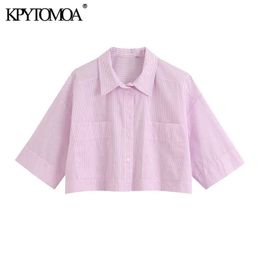 KPYTOMOA Women Fashion Striped Loose Cropped Blouses Vintage Short Sleeve Pockets Female Shirts Blusas Chic Tops 210721