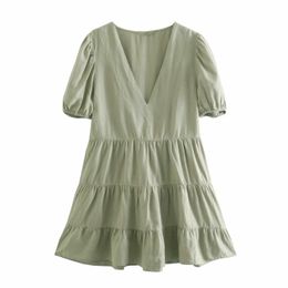 Summer Women Tiered Ruffle Splicing Linen Mini Dress Female V Neck Puff Sleeve Clothes Casual Lady Loose Vestido D7727 210430
