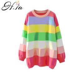 H.SA Women Winter Long Sweaters Casual Striped Rainbow Pull Sweaters Oneck Chic Streetwear Korean Oversized Pullover Roupa 210716