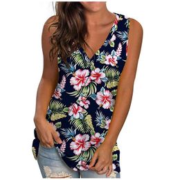 Oversize Tank Top For Women 2021 Summer Fashion Flower Printed V-neck Vest Female Loose Tops Pullover T-shirt#35 X0507