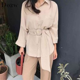 Women Casual Long Sleeve Blouse With Belt Turn Down Collar Office Ladies Shirt Fashion Pocket Solid Tunic Tops 210515