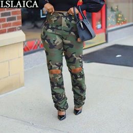 Sweat Pants for Women Camouflage Hole Ruched Trousers Casual Elastic Waist Streetwear Fashion Spodnie Dresowe Damskie 210520