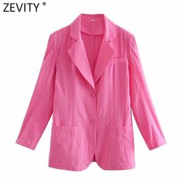 Zevity Spring Women Chic Notched Collar Solid Leisure Blazer Coat Ladies Long Sleeve Casual Pockets Outwear Suit Tops CT638 210603