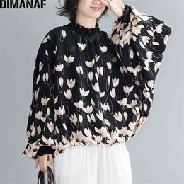 DIMANAF Autumn Oversize Women Blouse Shirts Elegant Lady Tops Tunic High Street Fashion Floral Loose Batwing Sleeve Clothing 210323