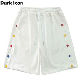 Side Colourful Button Men's Shorts Elastic Waist Terry Cotton Shorts Men Black White 210603