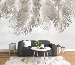 Customised Wallpaper Simple Blue Feather TV Background Wall Painting Home Decor Living Room Bedroom Feather Design 3d wallpaper