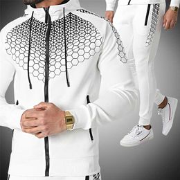 Tracksuits Men Polyester Hooded Outerwear Hoodie Set Zipper Jacket+Pants 2 Pieces Casual Fitness Gyms Male Sportswear Suit 211222