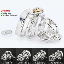 Male Stainless Steel Cock Cage Penis Ring Sleeve Chastity Device Belt with Catheter Spikes Lockable Adult Sex Toys for Men S0824