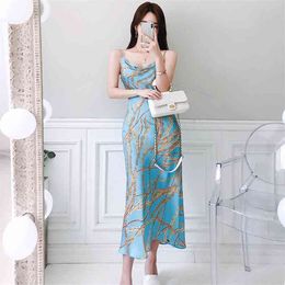 Blue Long floral Dress for women Summer wear korea Sleeveless V neck Polyester Sundress Ladies Sexy Elegant print Dresses 210602