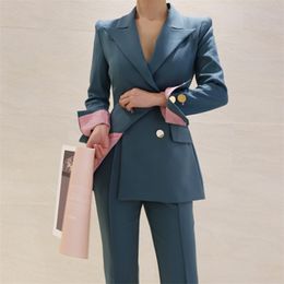 High Quality Fashion Autumn Two Piece Set For Women Suit Solid Blazer Coat Pants 2 Work Elegant Office 210514