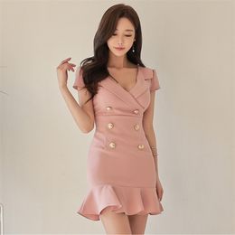 Office Pink korea Dress for women Summer short sleeve notched neck linen Sexy Ladies Fashion Mini Dresses 210602