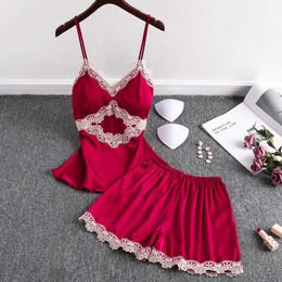 Women's Pajamas Set Sexy Ice Silk Pajamas With Chest Pad Two-Piece Ladies Camisole Shorts Suit Lace Homewear Q0706