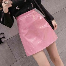 Summer Arrival Ladies High Waist A-line Solid Pu Leather Short Skirt Female Sexy Club Mini Bright 210430