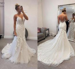 2022 Amazing Mermaid Wedding Dresses Spaghetti Applique Straps Lace Open Back U Style Pearls Bridal Dress Plus Size Women Party