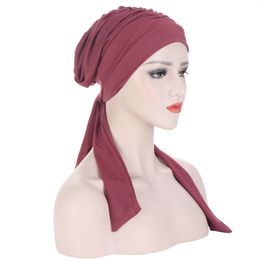 Muslim Women Stretch Solid Wrinkle Turban Hat Skullies Beanie Cancer Chemo Pre-Tied Bandana Scarf Headwear Hair Loss Accessories