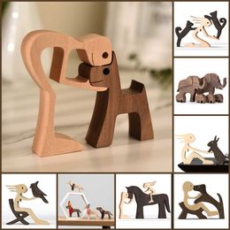 Family Puppy Wood Dog Craft Figurine Desktop Table Ornament Carving Model Creative Home Office Decoration Love Pet sculpture 210804