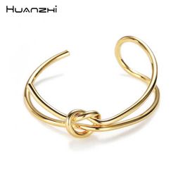 Huanzhi 2019 New Design Metal Gold Copper Plated Double Layer Knot Bracelets for Women Girl Bangle Party Jewelry Gift Q0719