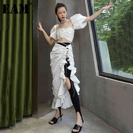 [EAM] High Waist White Printed Irregular Drawstring Long Half-body Skirt Women Fashion Spring Summer 1DD8646 21512