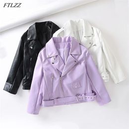 Spring Autumn Women Faux Leather Jacket Streetwear Lapel Oversized Purple Pu Loose Coat with Belt Lady Outwear 210430