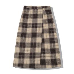 Women Black Khaki Empire Woollen Fabric Plaid Vintage A-line Midi Long Skirt S0125 Winter 210514