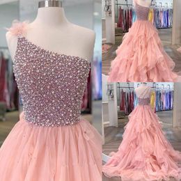 Long Sexy Backless Prom One Shoulder Mor Beaded Tulle Ruffles Formal Gown Women's Evening Party Celebrity Dresses Freeshipping