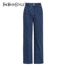 Plaid Wide Leg Jeans For Women High Waist Pocket Straight Large Size Casual Denim Trousers Female Fashion 210521